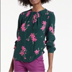 Boden Dark Green Long Sleeve Blouse with Pink Floral & Keyhole Detail